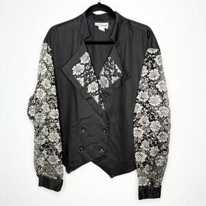Banjo Vintage 80s Black Lace Sleeve Double Breasted Top Plus Size 3X Cotton